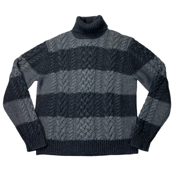 MICHAEL KORS LAMBSWOOL CONTRAST CABLEKNIT STRIPED CHUNKY KNIT TURTLENECK SWEATER - Picture 6 of 14